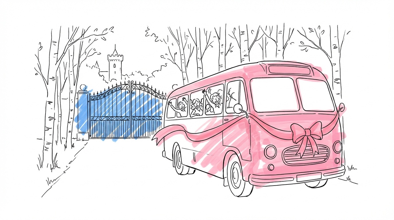 Dekorerad buss som anländer till en slottsinfart genom en stor grind, gäster synliga genom fönstren, trädkantad allé