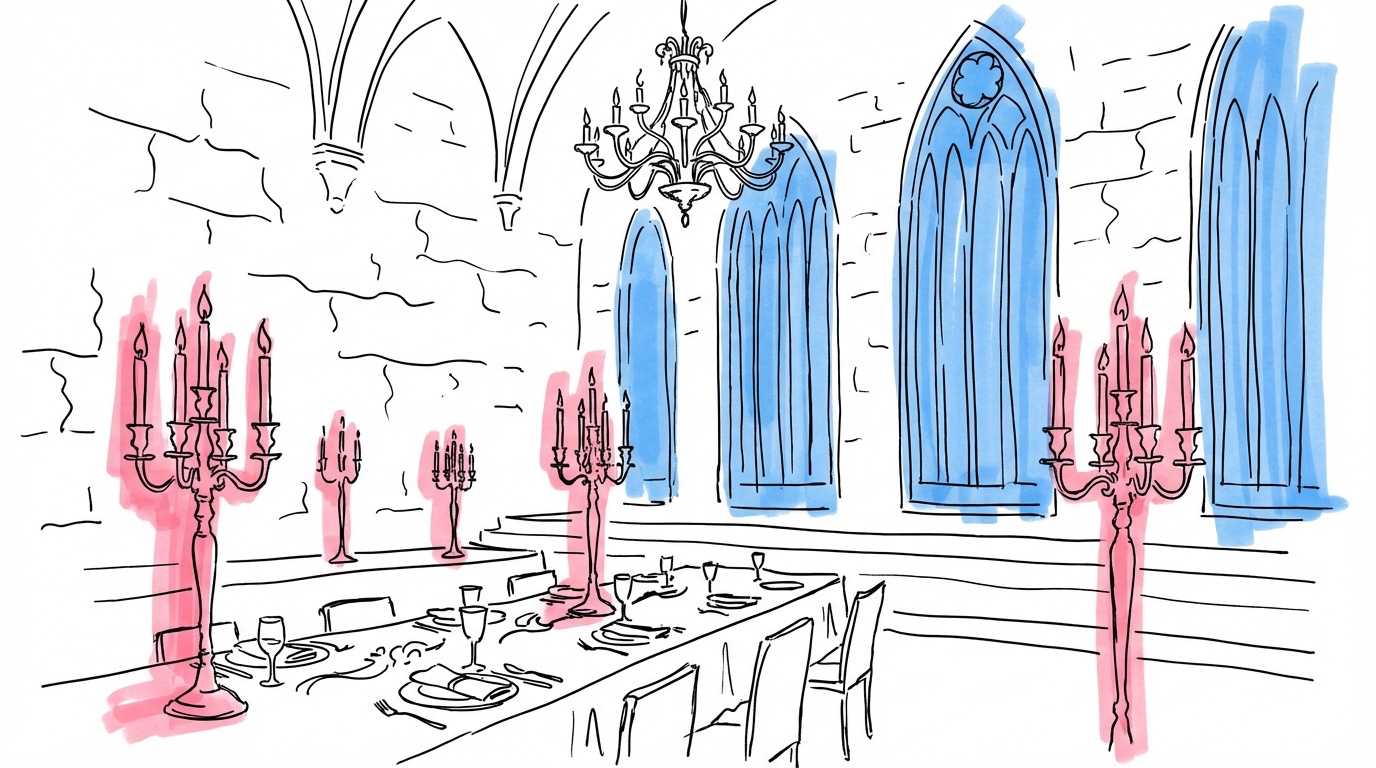 Interiör av en slottsfestsal med långa dukat bord, kandelabrar, kristallkronor och höga fönster med kvällsljus