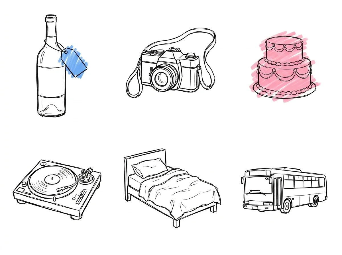 Sammansatt scen med sex små vinjetter sida vid sida — vinflaska med prislapp för kuvertavgift, kamera, liten bröllopstårta, DJ-spelare, säng för extra rum och en buss — uppställda som en visuell checklista, i Lovios rosa och blå illustrationsstil