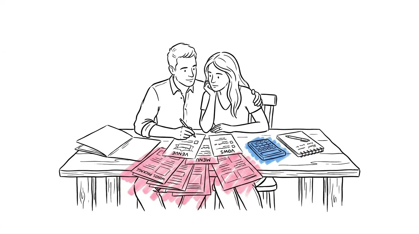 Brudpar vid skrivbordet går igenom flera slottspaket-offerter sida vid sida med en kalkylator och anteckningsblock, i Lovios rosa och blå illustrationsstil