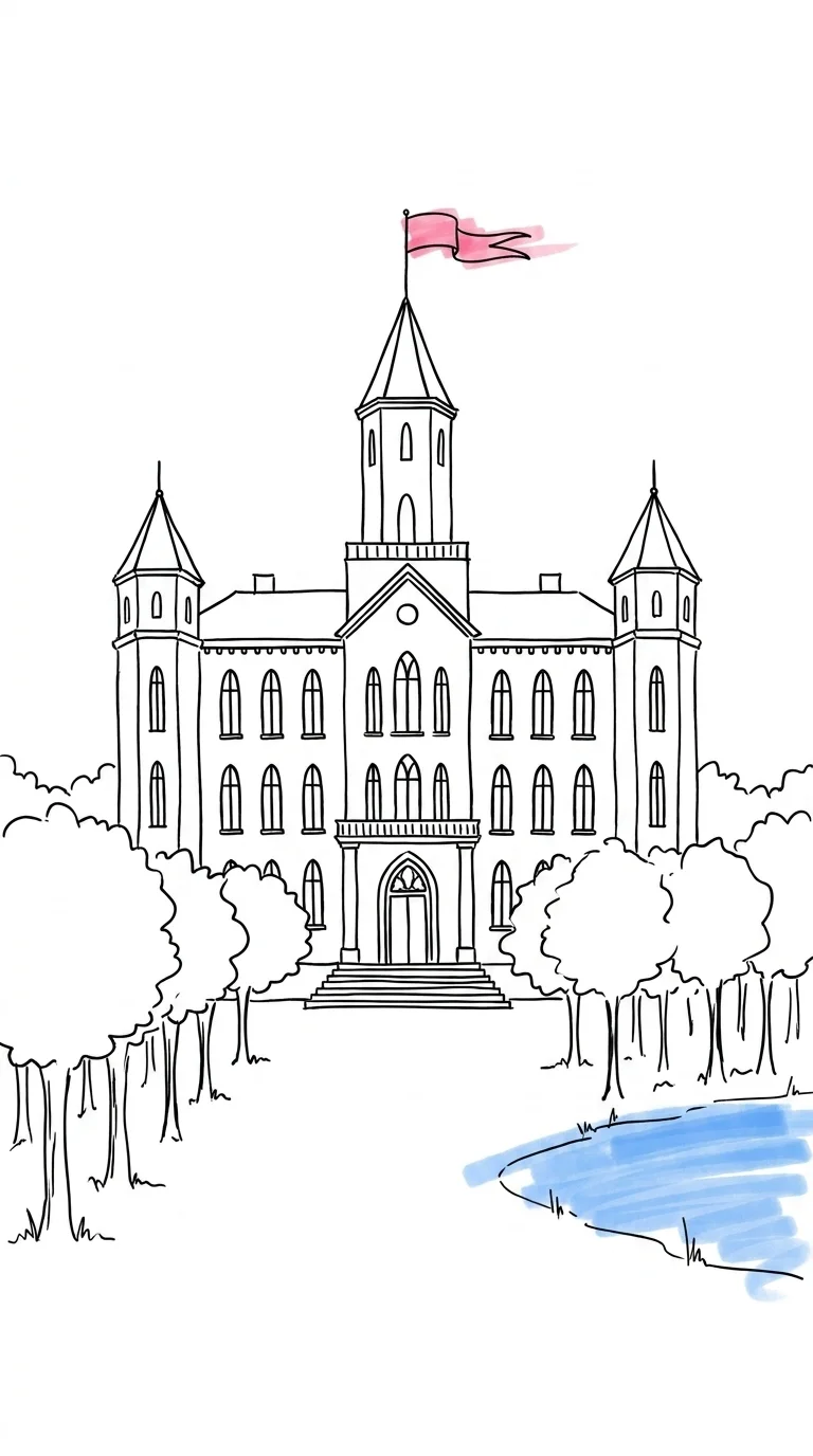 Generisk stiliserad svensk slottsfasad i linjeillustration — symmetrisk byggnad med torn, stora fönster och en allé av träd i förgrunden, en liten sjö skymtar åt sidan, i Lovios rosa och blå illustrationsstil
