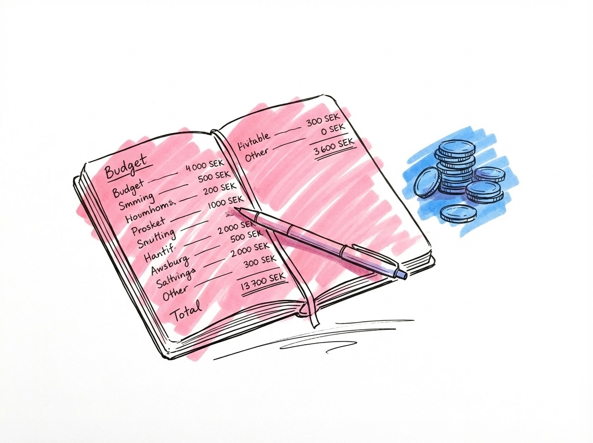 En anteckningsbok med budgetsiffror och mynt, i Lovios rosa och bl\u00e5 illustrationsstil