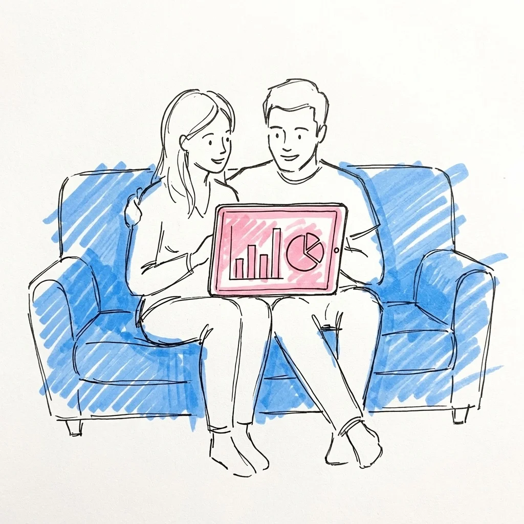 Ett par som tittar p\u00e5 en surfplatta med en budgetvy, i Lovios rosa och bl\u00e5 illustrationsstil