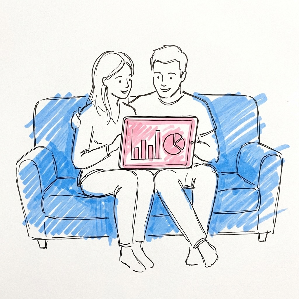 Ett par som tittar p\u00e5 en surfplatta med en budgetvy, i Lovios rosa och bl\u00e5 illustrationsstil