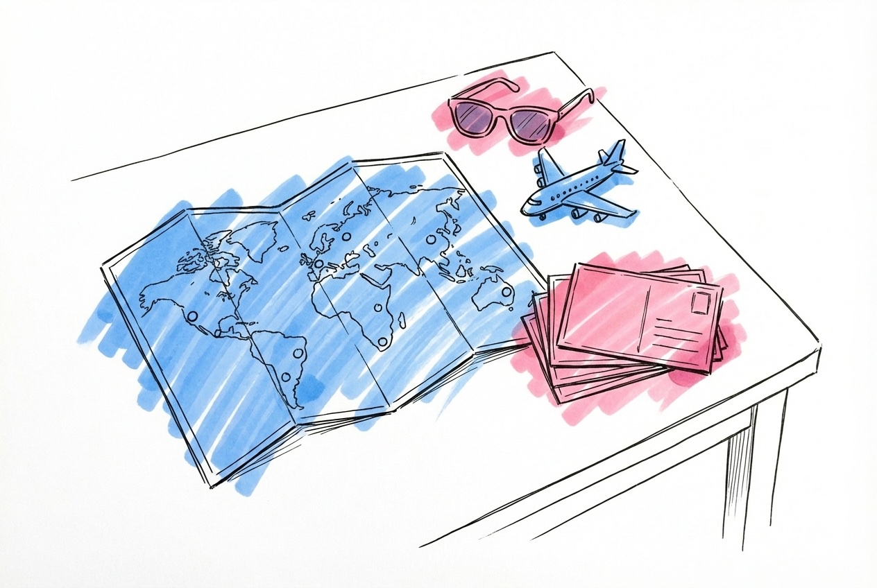 En karta med markerade destinationer, vykort och solglas\u00f6gon p\u00e5 ett bord, i Lovios rosa och bl\u00e5 illustrationsstil