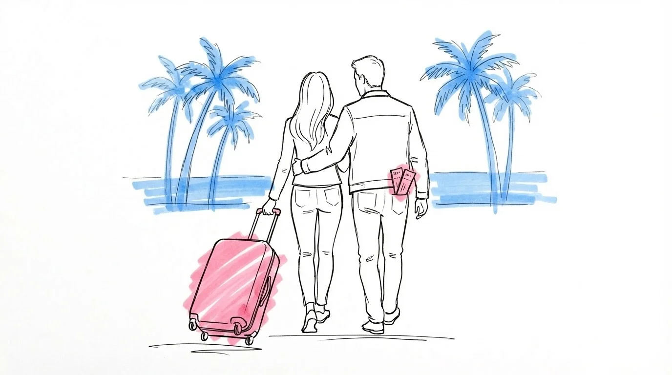 Ett par som g\u00e5r med rullv\u00e4ska mot en flygplats, i Lovios rosa och bl\u00e5 illustrationsstil