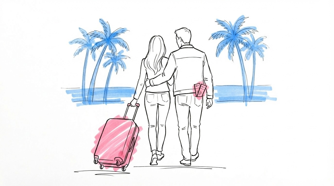 Ett par som g\u00e5r med rullv\u00e4ska mot en flygplats, i Lovios rosa och bl\u00e5 illustrationsstil