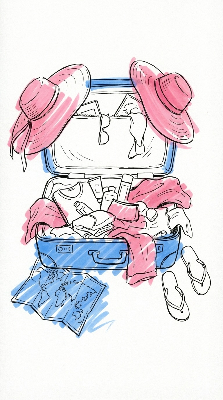 En \u00f6verfylld resv\u00e4ska med f\u00f6rem\u00e5l som ramlar ut, i Lovios rosa och bl\u00e5 illustrationsstil