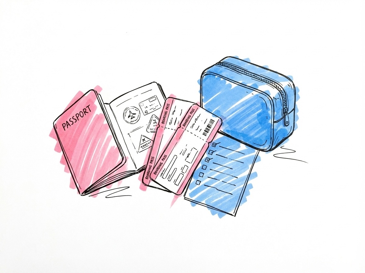 Ett \u00f6ppet pass bredvid boardingkort och en resv\u00e4ska, i Lovios rosa och bl\u00e5 illustrationsstil