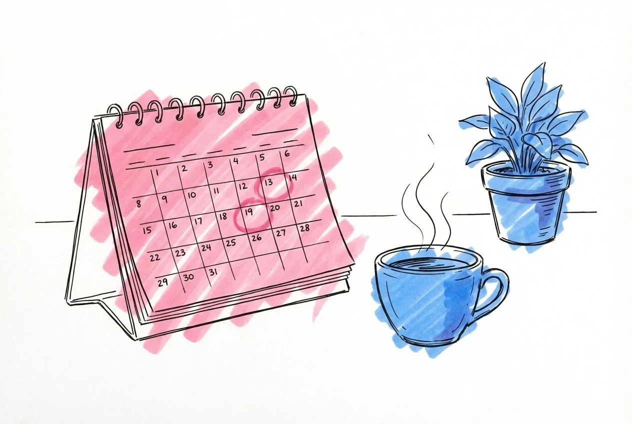 En skrivbordskalender med inringade datum och en kaffekopp, i Lovios rosa och bl\u00e5 illustrationsstil