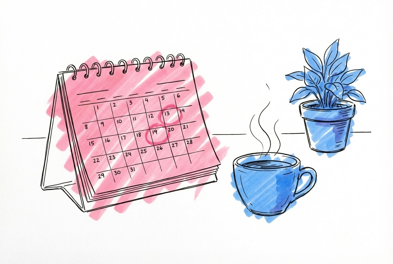 En skrivbordskalender med inringade datum och en kaffekopp, i Lovios rosa och bl\u00e5 illustrationsstil