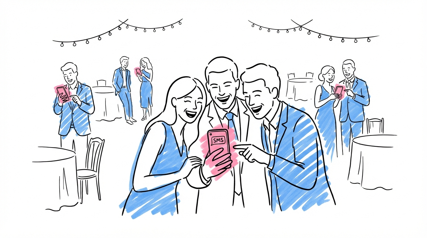 Glada bröllopsgäster som kollar sina telefoner och ler