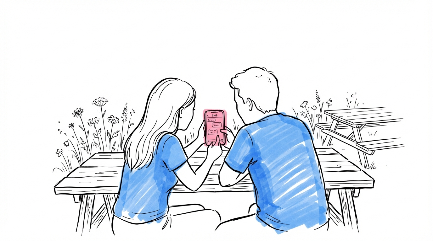 Par vid bröllopslokal som kollar på SMS-notiser i telefonen