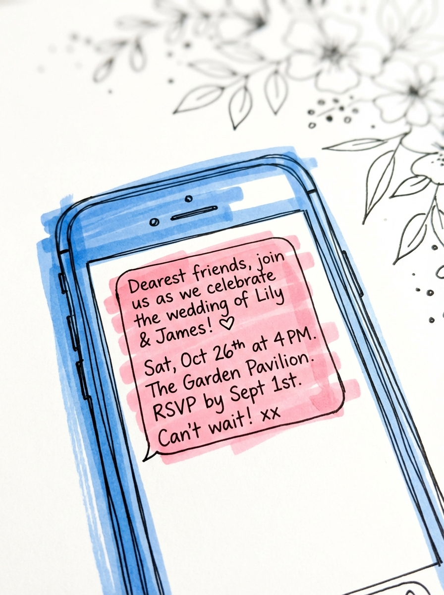 Närbild på telefon med ett snyggt bröllops-SMS