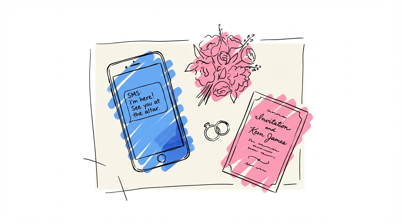 Telefon med tydlig SMS-notis bredvid bröllopsdetaljer