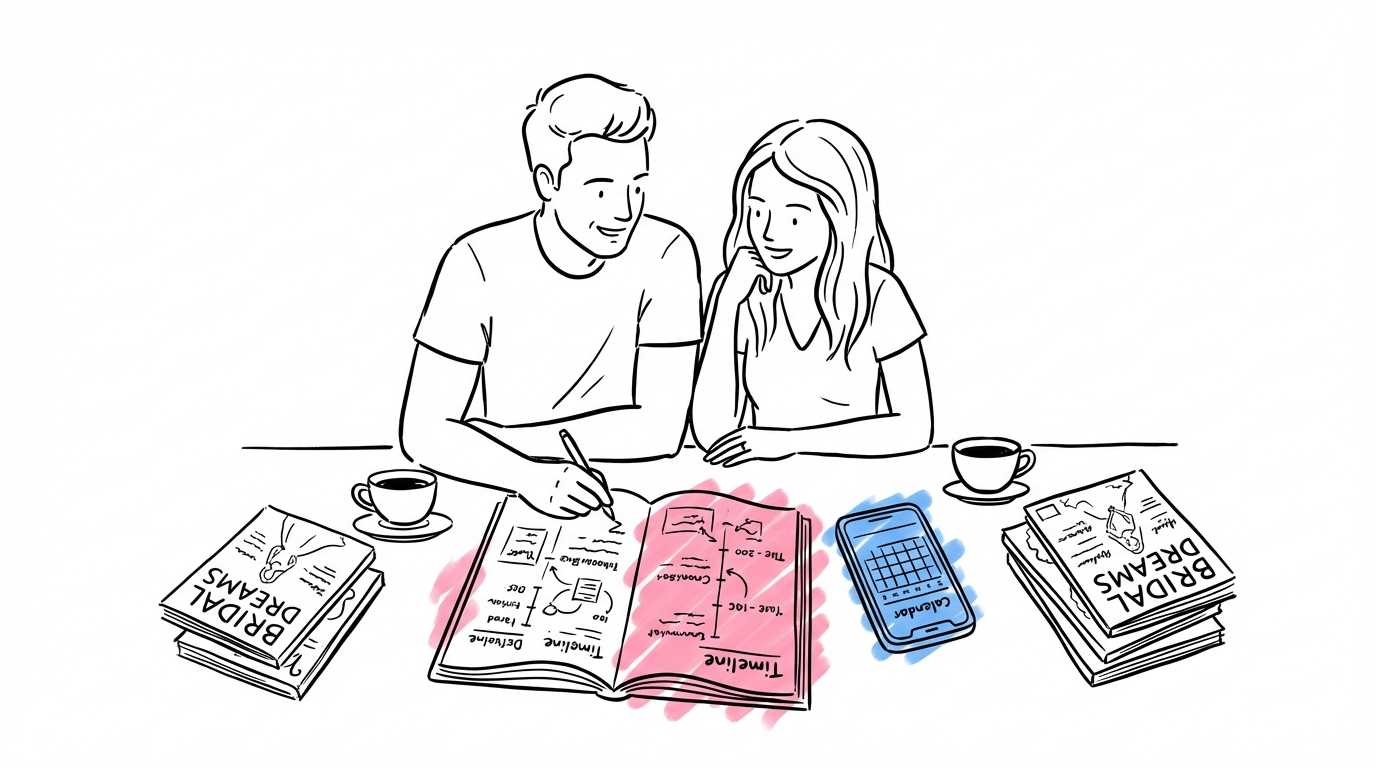 Par som sitter vid ett bord och planerar sin bröllopskommunikation