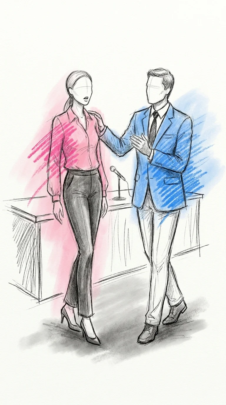 Toastmaster som lugnt går fram bredvid en talare med hand på axeln och börjar applåden, i Lovios rosa och blå illustrationsstil