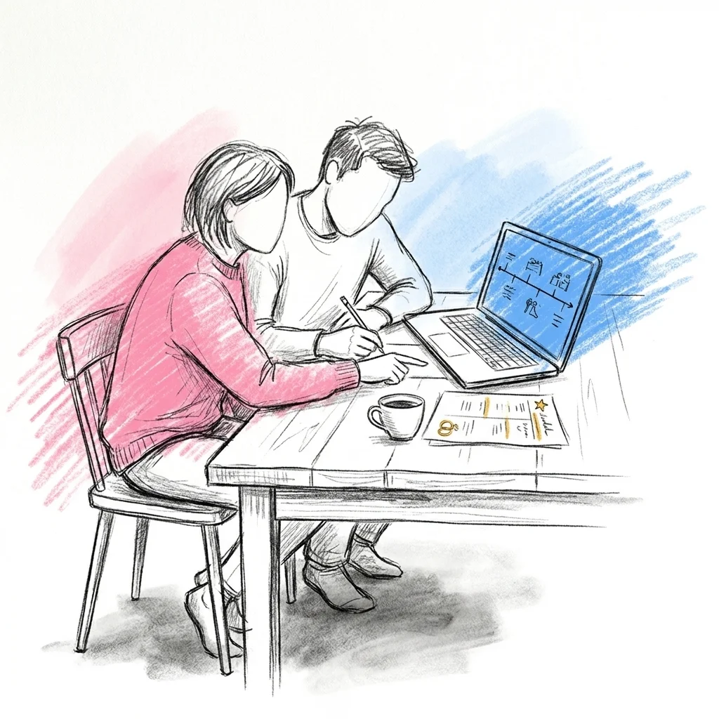 Par som sitter tillsammans vid köksbordet med en laptop som visar bröllopets körschema med en talbuffert-rad, i Lovios rosa och blå illustrationsstil