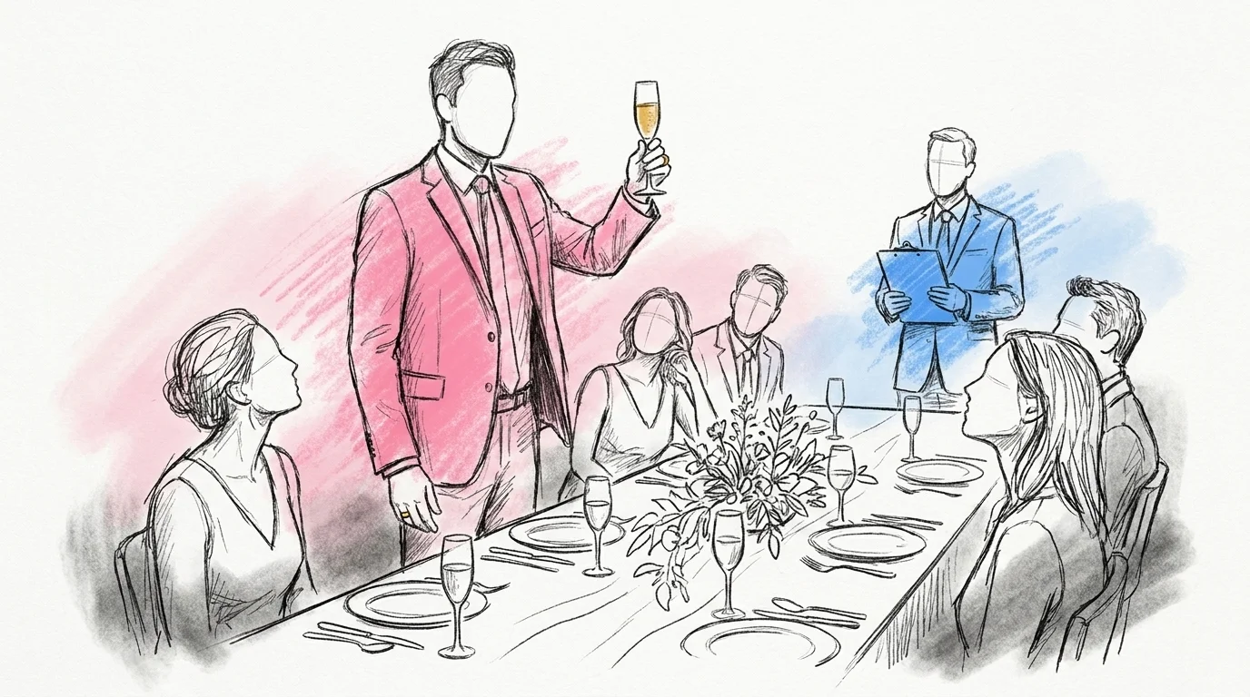Bröllopsgäst som reser sig vid långbord och börjar ett oannonserat tal medan toastmastern observerar i bakgrunden, i Lovios rosa och blå illustrationsstil