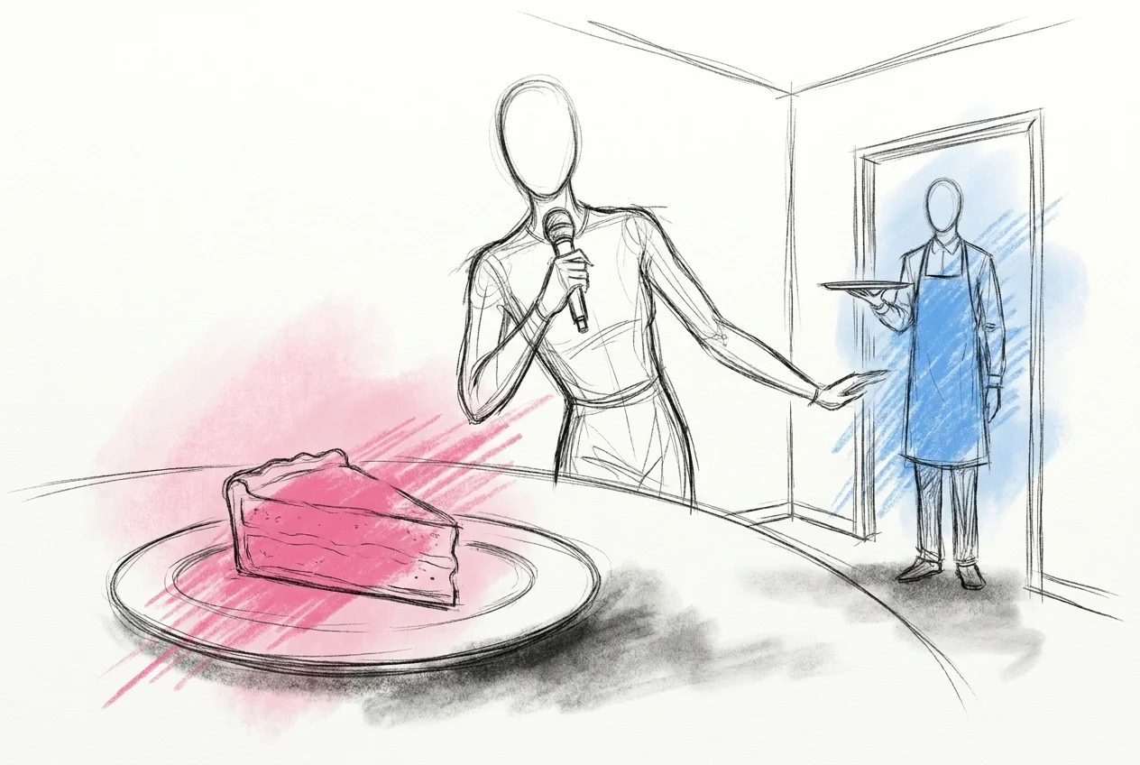 Kall dessert på en tom bordskant medan en talare står kvar med mikrofonen och en servitör väntar i dörröppningen, i Lovios rosa och blå illustrationsstil