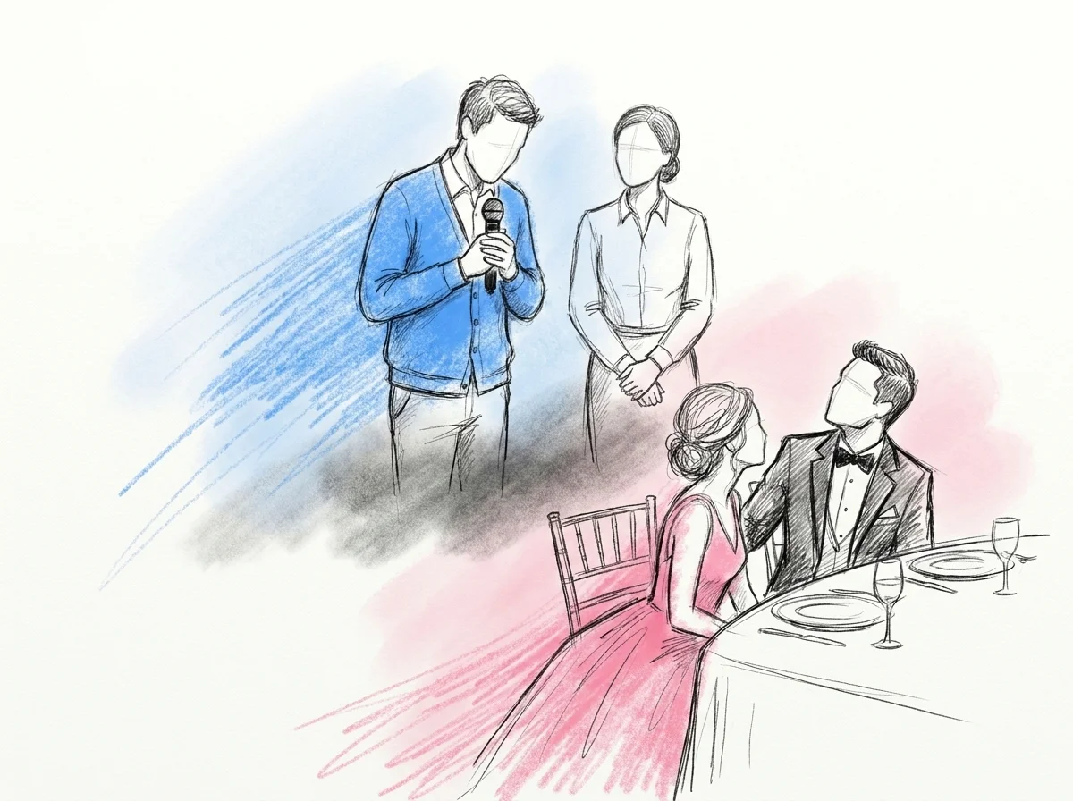 Nervös talare som håller mikrofonen mot bröstet med toastmaster bredvid och brudpar som lyssnar uppmuntrande i förgrunden, i Lovios rosa och blå illustrationsstil