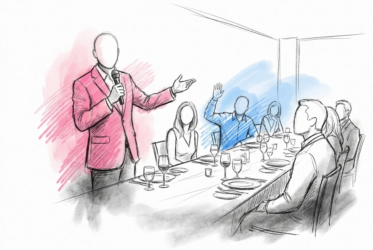 Toastmaster vid bordsändan med mikrofon som inbjudande gestikulerar mot rummet medan en gäst hovrar med handen halvt uppe, i Lovios rosa och blå illustrationsstil