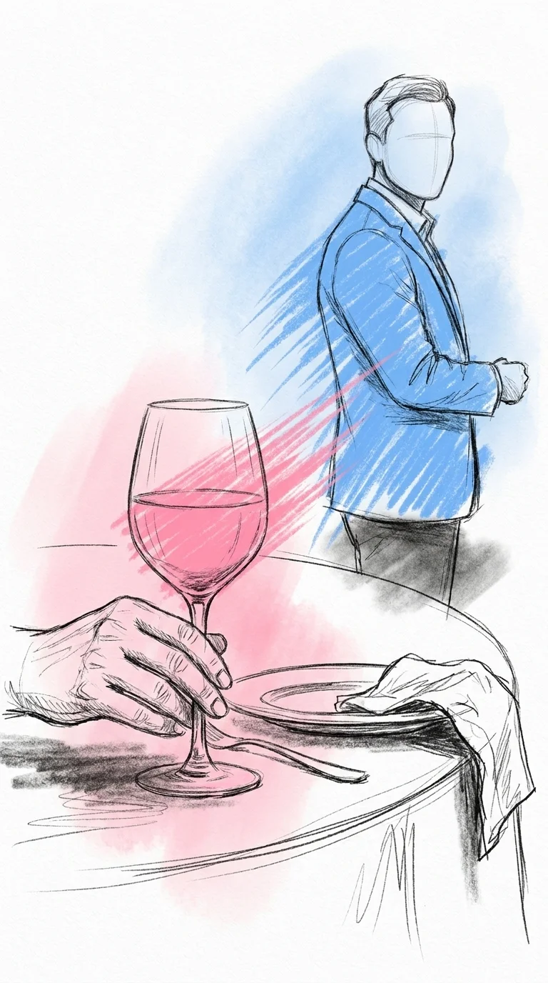 Hand som vilar diskret på vinglasets stam medan toastmastern i bakgrunden uppfattar signalen, i Lovios rosa och blå illustrationsstil