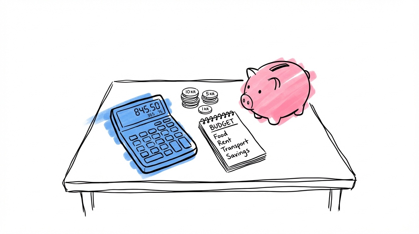 Kalkylator och budgetblad med SEK-belopp, mynt och en liten spargris