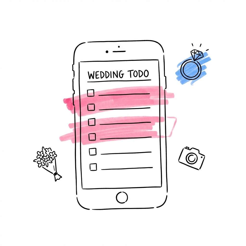 Telefonskärm med planeringsapp och bröllopssymboler runtomkring
