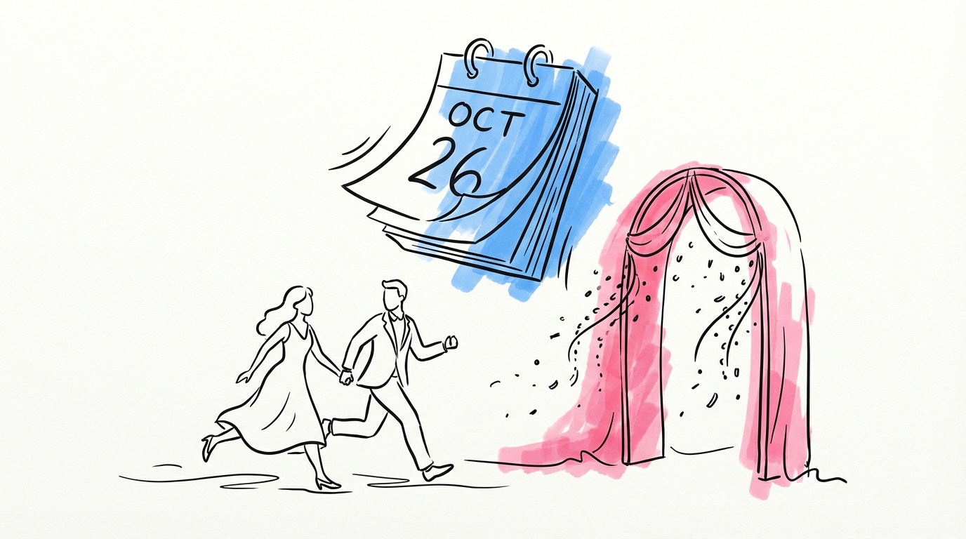 Par som springer hand i hand mot en ceremoniportal med konfetti och kalenderblad i bakgrunden