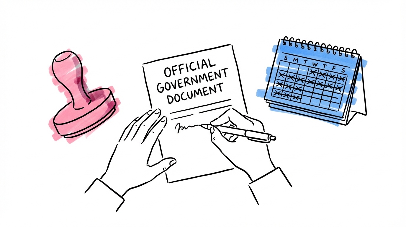 Händer som fyller i en officiell blankett med stämpel och kalender bredvid