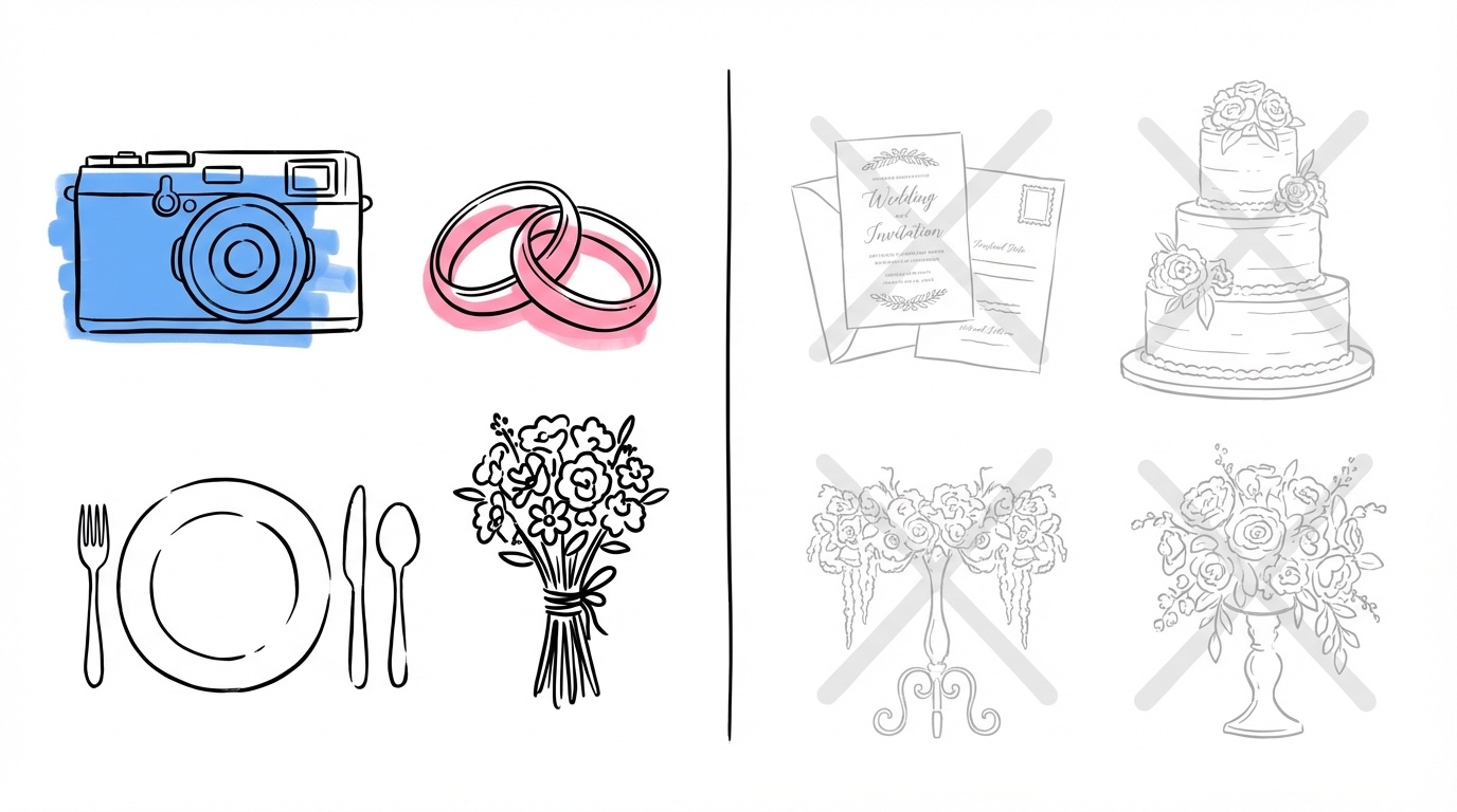 Delad scen med viktiga saker noga arrangerade och onödiga detaljer som tonar bort