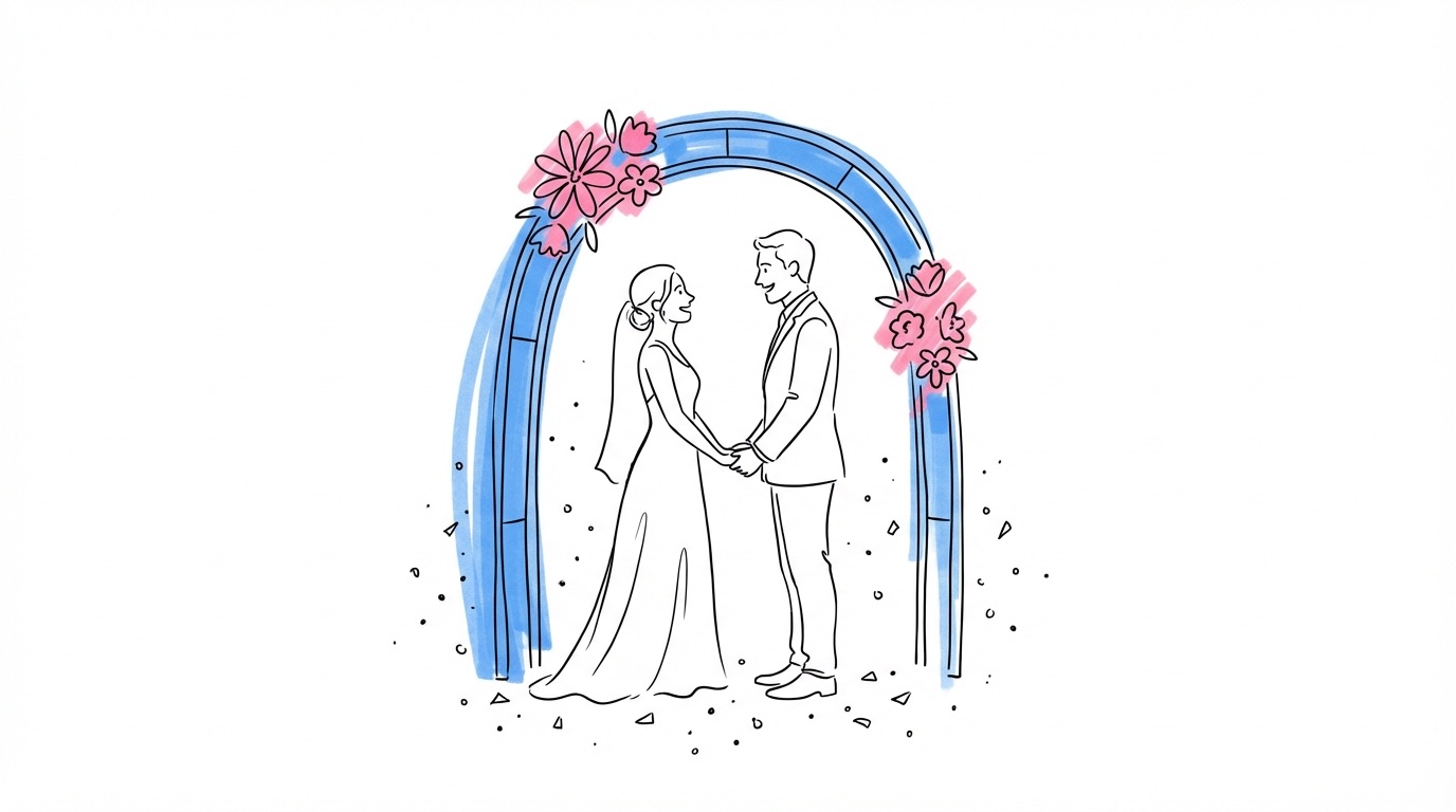 Par som står under en enkel ceremoniportal med några blommor, avslappnade och lyckliga