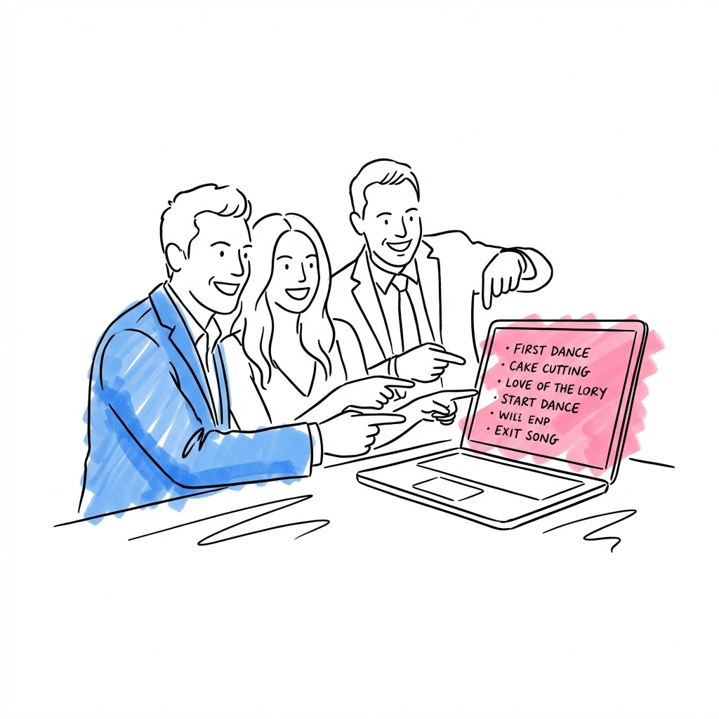 Par och toastmaster samarbetar vid en laptop med sångtitlar synliga på skärmen, leende och pekande