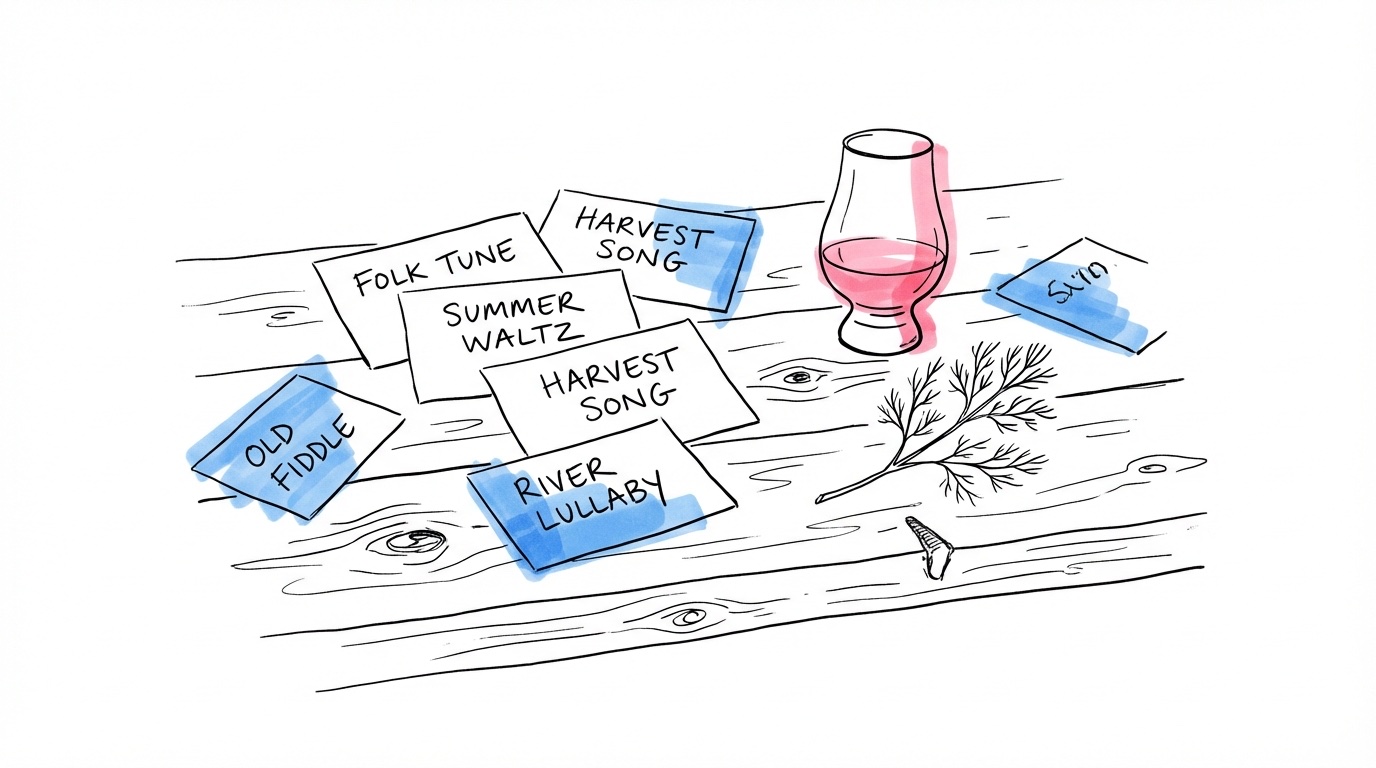 Samling av handskrivna sångtitlar på vintage-kort utspridda på ett bord, med ett litet snapsglas och en dillkvist bredvid