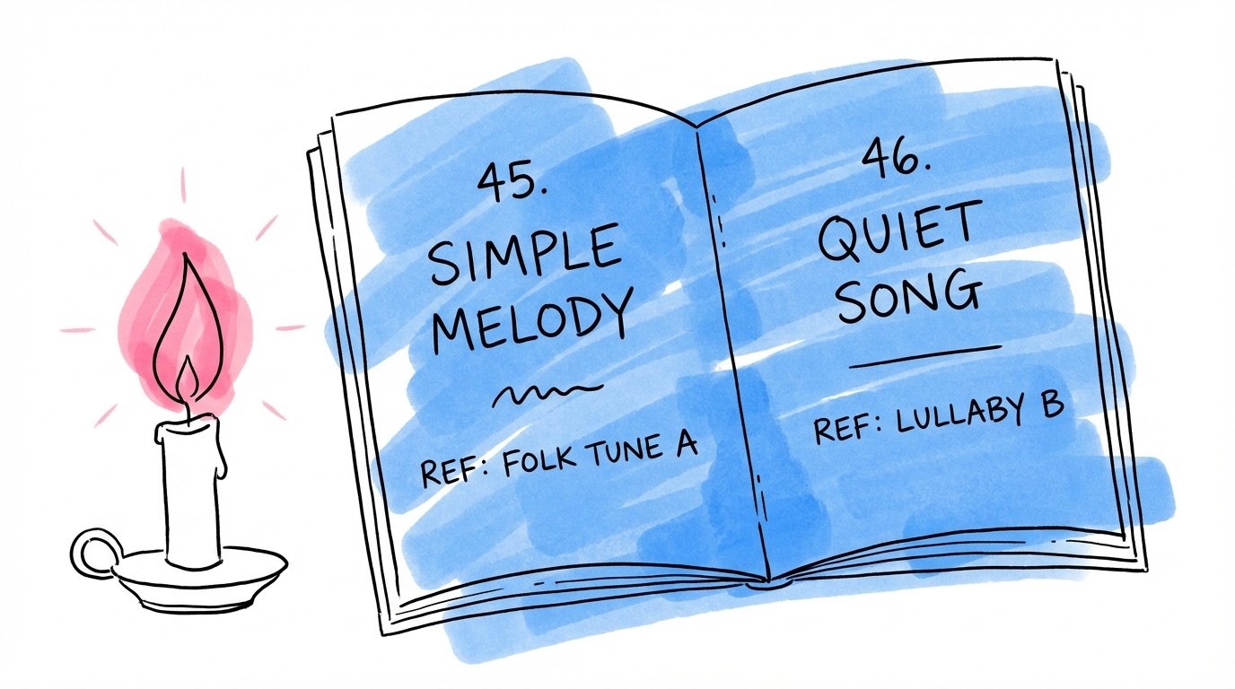 Närbild av ett öppet A5-sånghäfte med numrerade sånger och melodiangivelser under varje titel, belyst av ett stearinljus