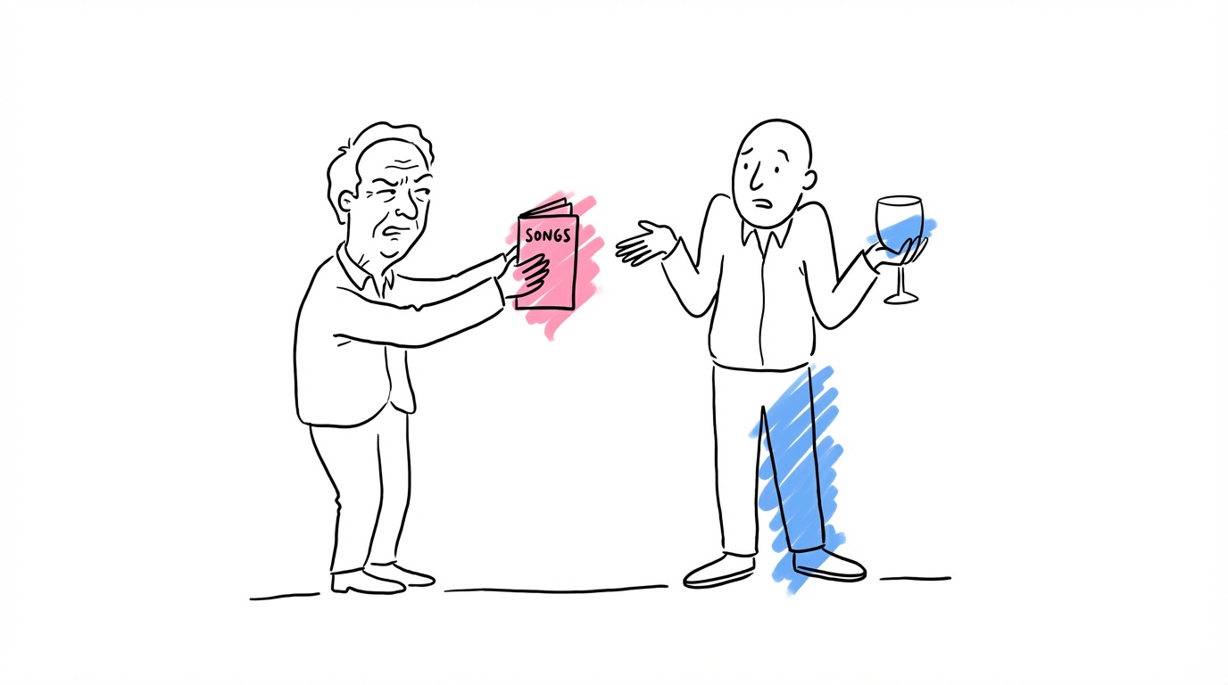 Bröllopsgäst som kisar på ett sånghäfte med liten text, hållet på en armlängds avstånd, medan personen bredvid rycker på axlarna