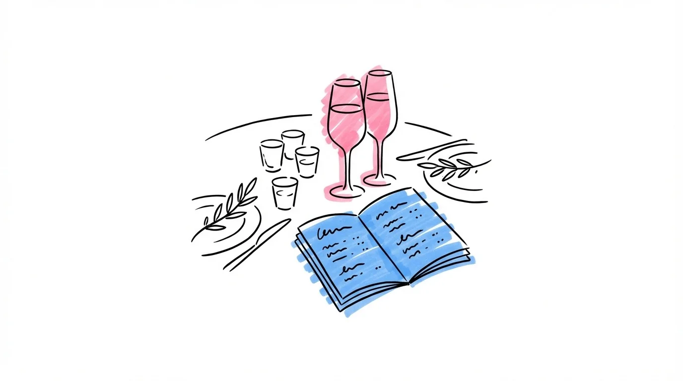 Varierat bröllopsbord med både traditionella snapsglas och färgglada alkoholfria drycker, ett häfte öppet med text på två språk