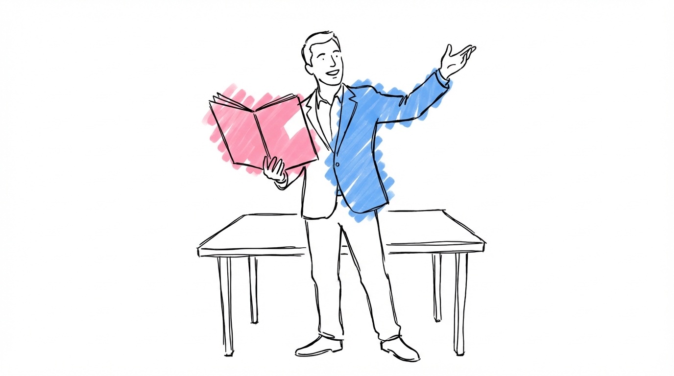 Toastmaster som står självsäkert vid bordsändan, håller upp ett öppet sånghäfte och gestikulerar mot gästerna