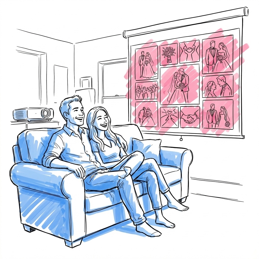 Ett par sitter i en soffa och tittar på en storskärm som visar ett bildspel med bröllopsfoton i Lovios rosa och blå illustrationsstil