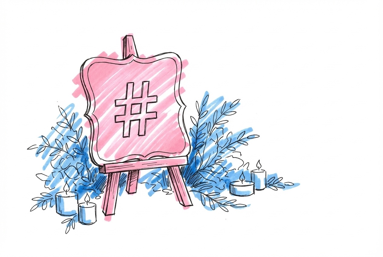 Dekorativ skylt på ett staffli vid en bröllopsentré som visar en hashtag, omgiven av grönska och ljus i Lovios rosa och blå illustrationsstil