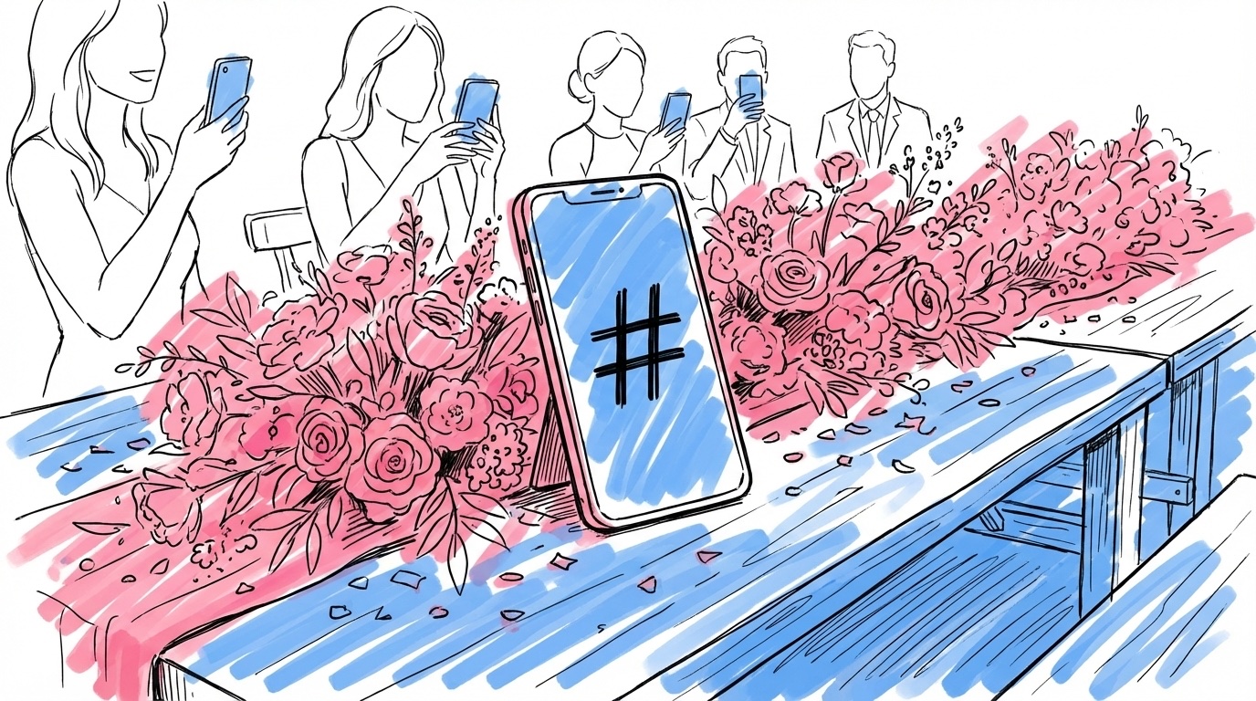 Festdukat bröllopsbord med en smartphone som visar en hashtag, gäster i bakgrunden med telefoner, konfetti och blommor i Lovios rosa och blå illustrationsstil