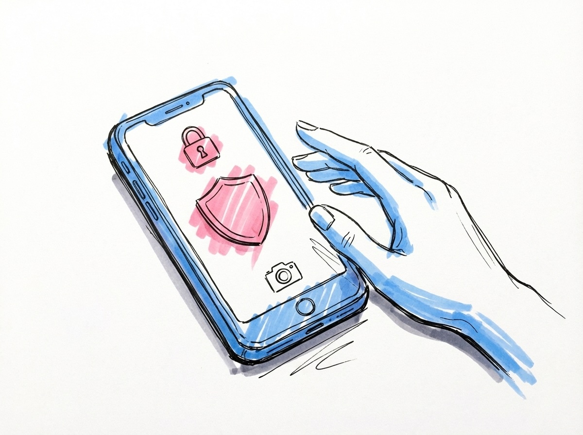 Telefon med en integritets- och låsikon bredvid en kameraikon och en skyddssköld, en hand som sträcker sig mot telefonen i Lovios stil