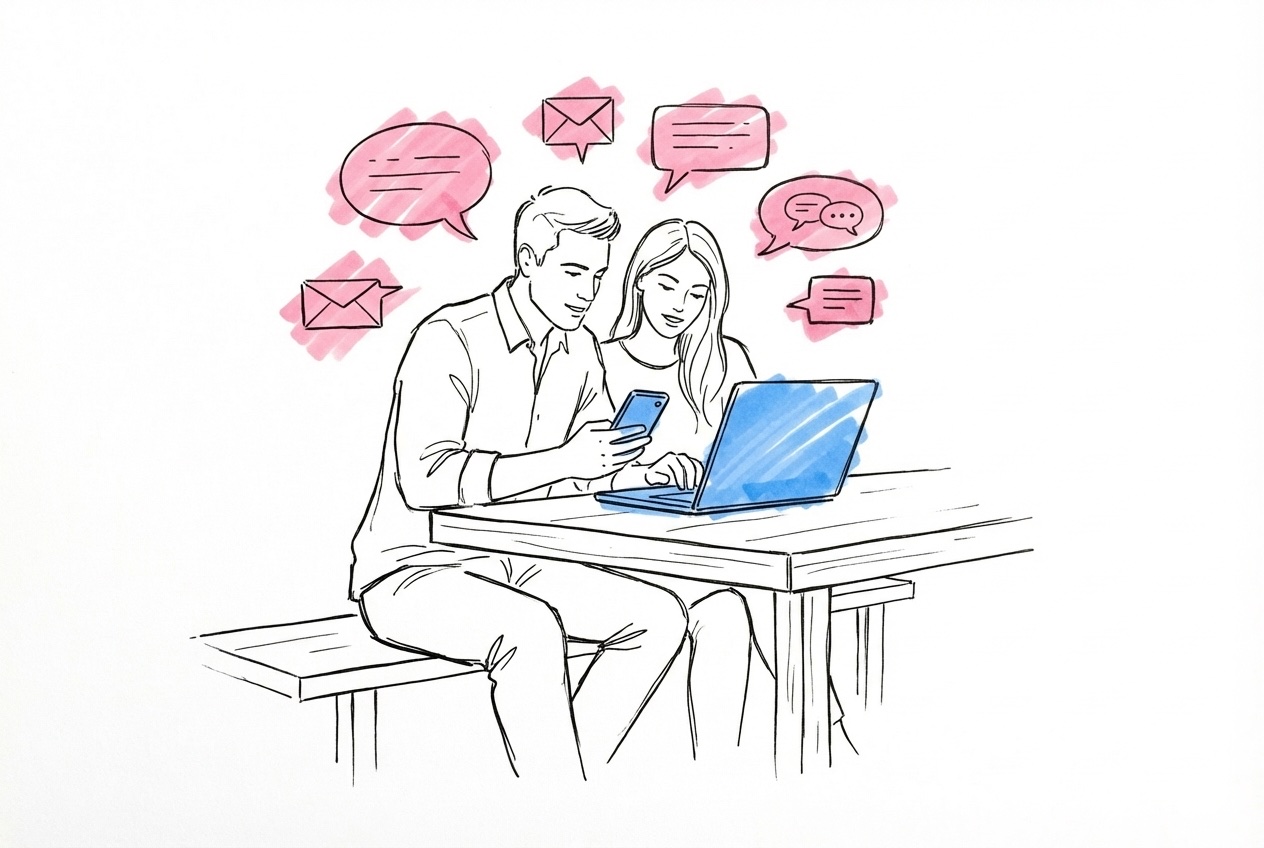 Ett par som sitter tillsammans vid en laptop och telefon med meddelandeikoner runtomkring i Lovios rosa och blå illustrationsstil