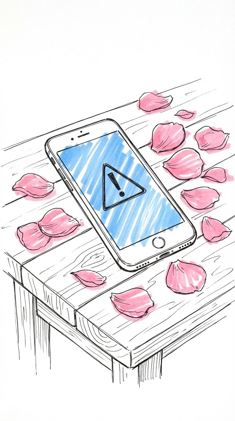 Telefon med en varningssymbol på skärmen liggande på ett bröllopsbord bredvid rosenblad i Lovios rosa och blå illustrationsstil