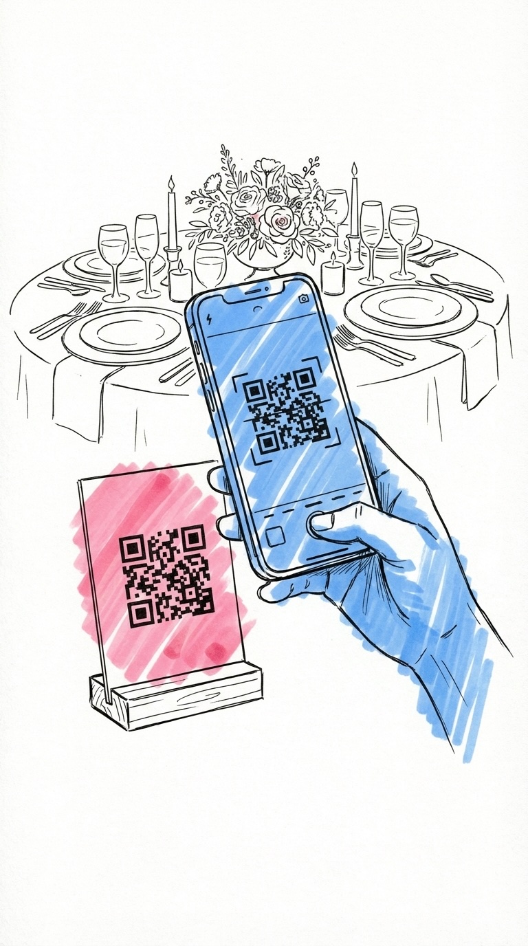 En gästs hand som håller en telefon och skannar en QR-kod på ett litet bordskort med bröllopsbord i bakgrunden i Lovios stil