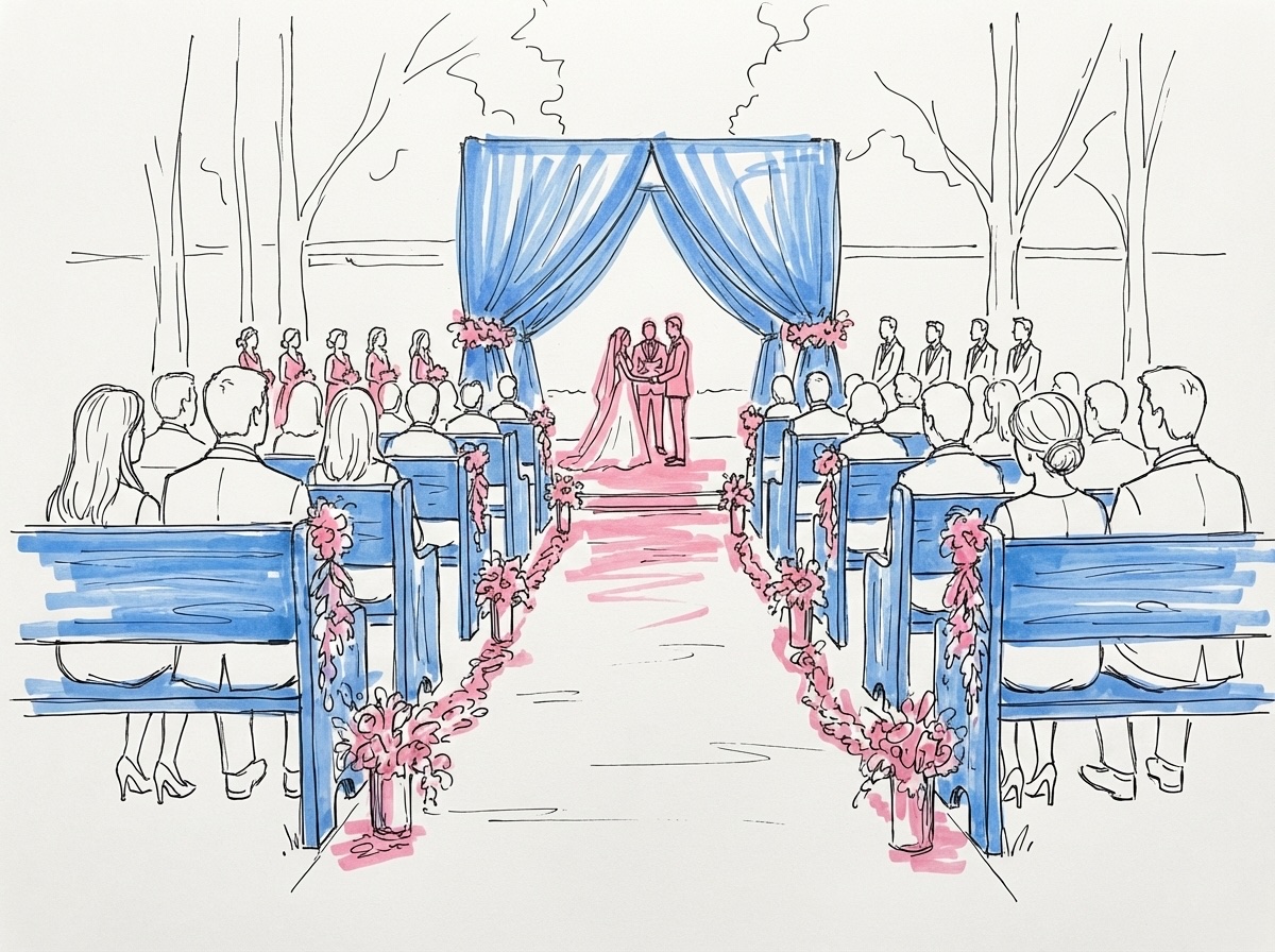 Bröllopsceremoni sedd bakifrån med gäster som sitter med händerna i knät utan telefoner, ett par vid altaret i fjärran i Lovios stil