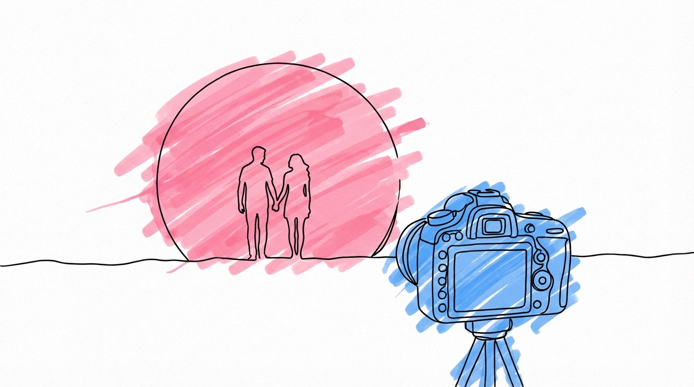 Gyllene sommarkväll med långt solljus över svenskt landskap — golden hour för bröllopsfotografering