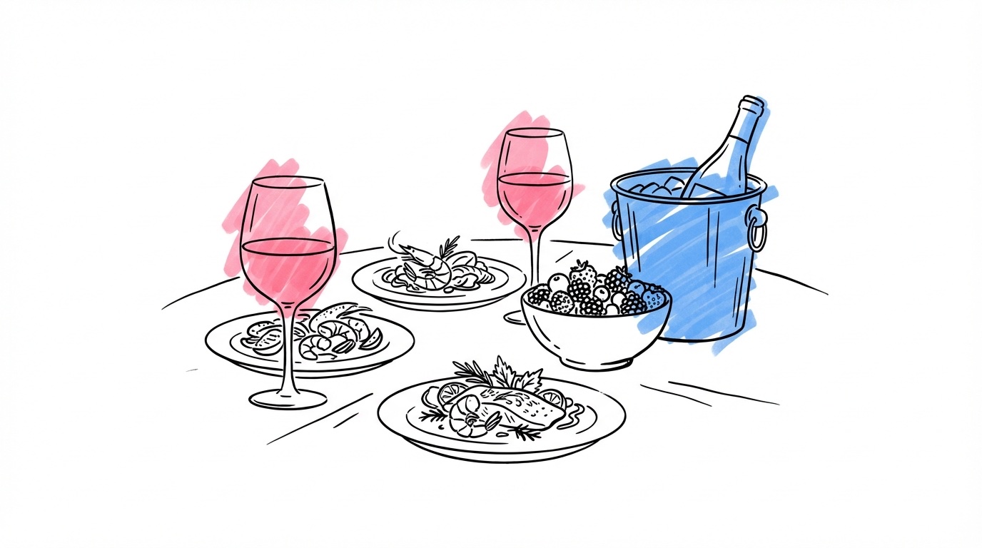 Somrig bröllopsmeny med lätta rätter, färska bär och grönsaker på ett vackert dukat bord