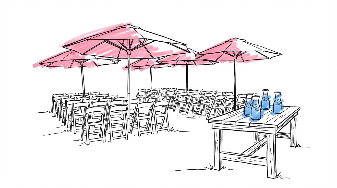 Utomhusceremoni med parasoll och skugga — värmestrategi för sommarbröllop